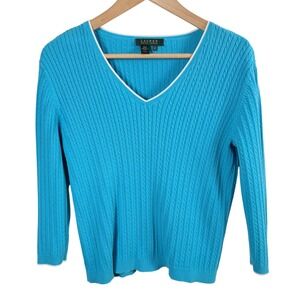Lauren Ralph Lauren Turquoise Cable Knit V Neck Sweater Women's M‎ 3/4 Sleeve